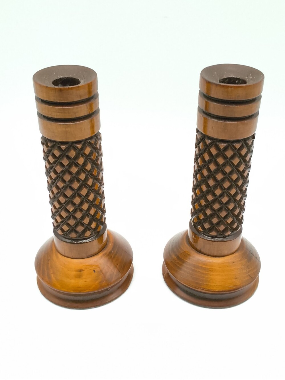 Vintage Pair - Hand Turned Wooden Diamond Lattice Crosshatch Candlestick Holders